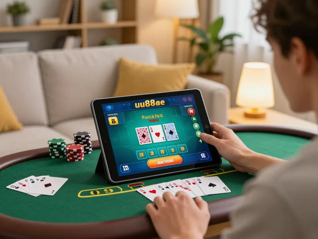 Engaged player strategizing in live dealer game at uu88ae on tablet in cozy setting.