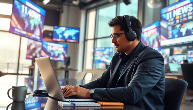 Generate engaging news content in a vibrant newsroom filled with screens.