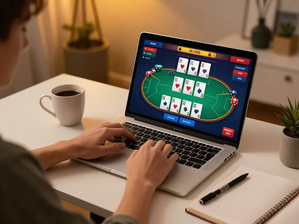 TG88 poker gameplay on laptop, showcasing strategy and ambiance in online gaming.