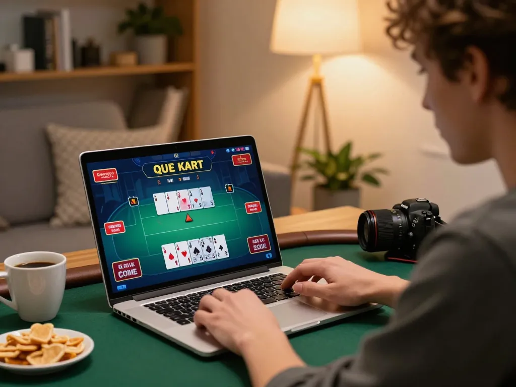 Engaged player using sunwin online poker app during a cozy home gaming session.