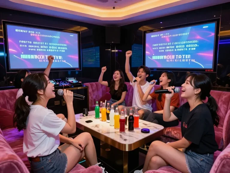 친구들과 함께 사치와 오락을 즐기는 https://www.gangnamtune.com/runrabbit의 에너지 넘치는 노래방 분위기.