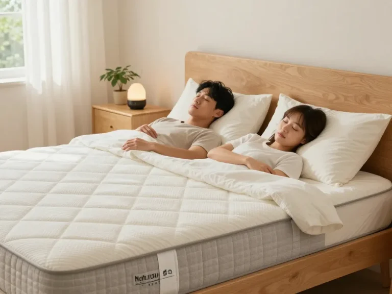 Couple peacefully sleeping on a Natural Mattress with organic bedding in a cozy bedroom.