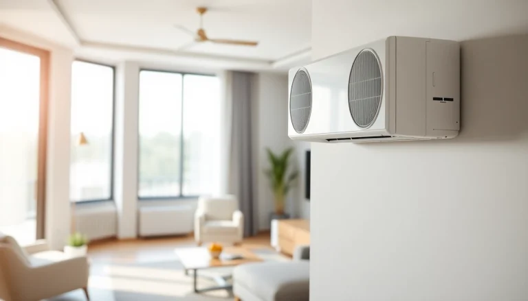 Mitsubishi mini split AC unit elegantly displayed in a stylish modern living room