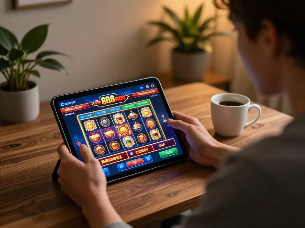 Engaging online gaming experience with 888now com on tablet, showcasing a player immersed in the action.