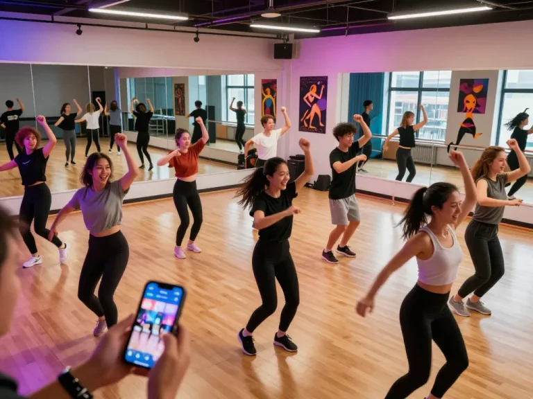 Diverse group enjoying dance ai session with vibrant animations displayed on screen