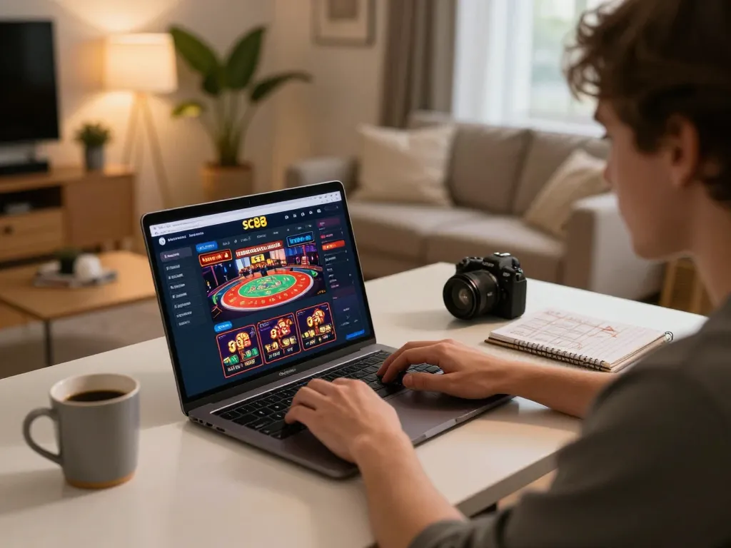 Engaging in SC88 online gaming strategy at home with cozy atmosphere, laptop screen showing casino interface