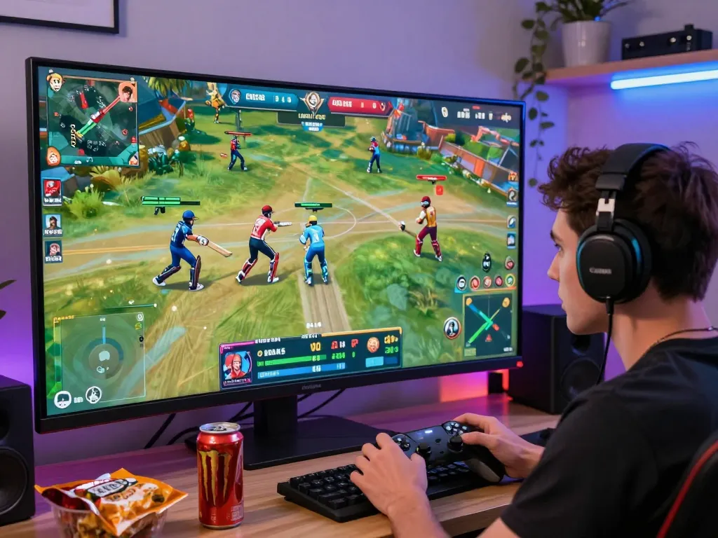 Player immersed in the 99exch online gaming experience, enjoying cricket battle and vibrant game graphics.