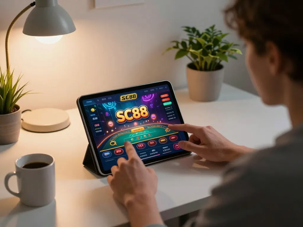Player using SC88 to engage in online casino games at a modern desk setting.