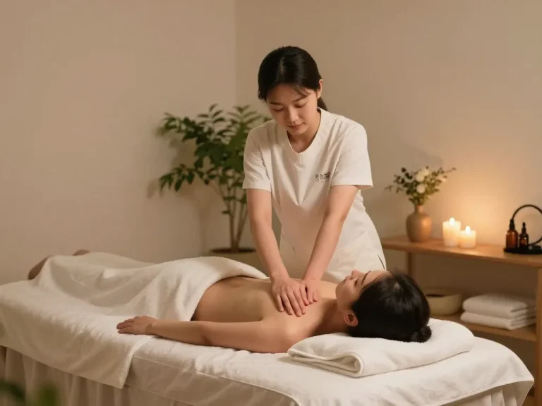 Relaxing 치평동마사지 experience with a therapist performing a soothing Swedish massage in a calming spa environment.