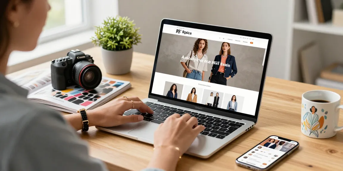 Fashionable individual engaging with a 레플리카 사이트 on a sleek laptop in a stylish workspace, showcasing modern shopping trends.