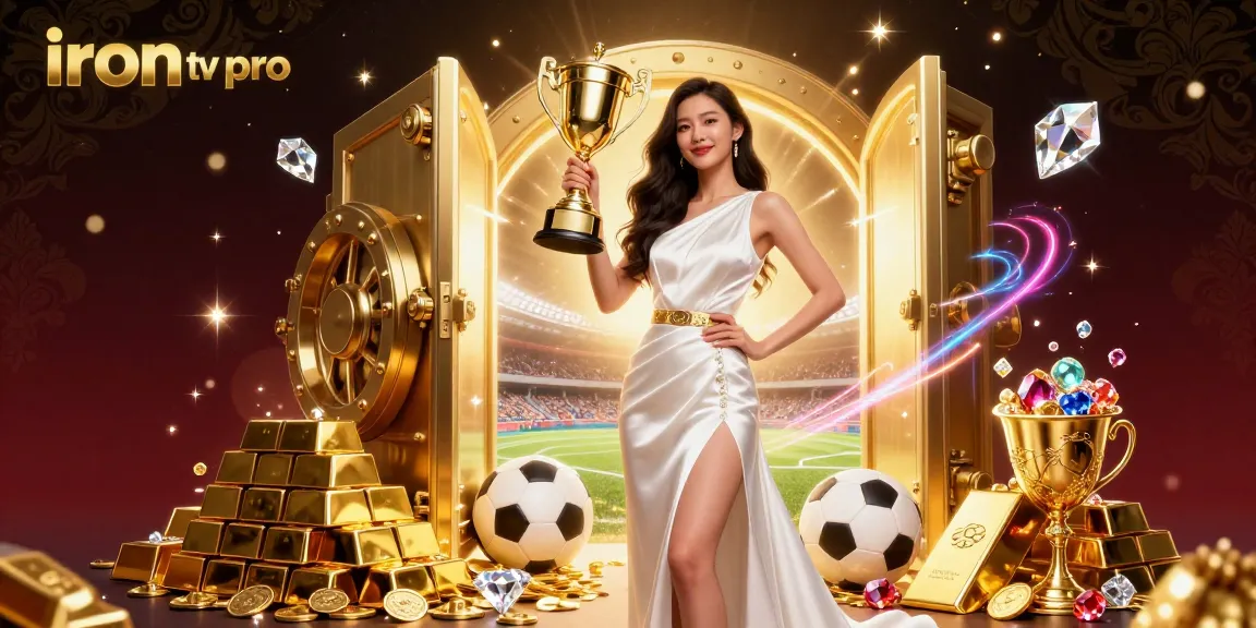 Experience iron tv pro with winning vibes from a confident woman holding a trophy, surrounded by sports betting elements.