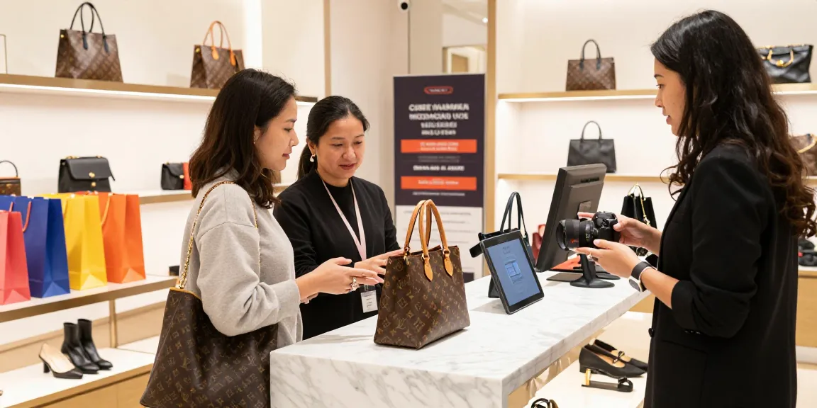 A stylish shopper exploring a high-quality 레플리카 handbag in a modern retail environment, highlighting luxury shopping experience.