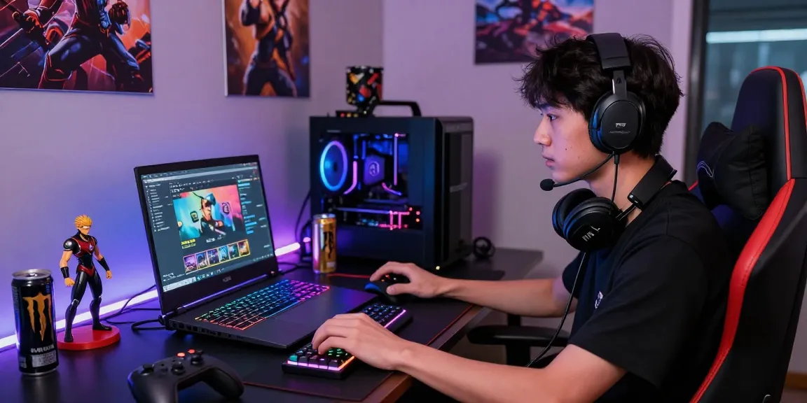 Gamer immersed in MOD APK gaming setup, showcasing high-tech laptop and vibrant ambient lights.