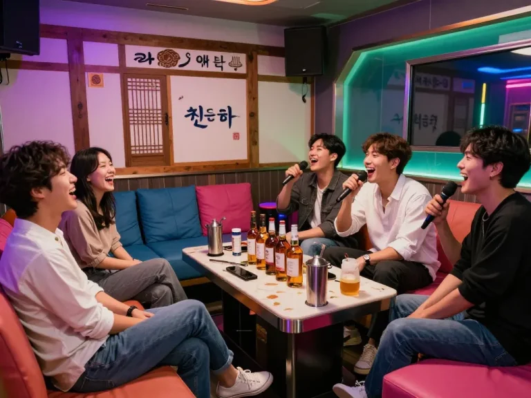 Jeju유흥 karaoke room atmosphere with friends enjoying whiskey and singing
