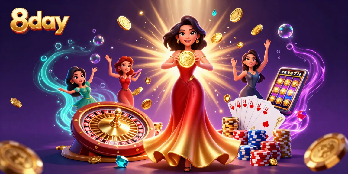 8day casino experience showcasing a stunning Asian woman holding a golden coin amidst sparkling gems and coins.