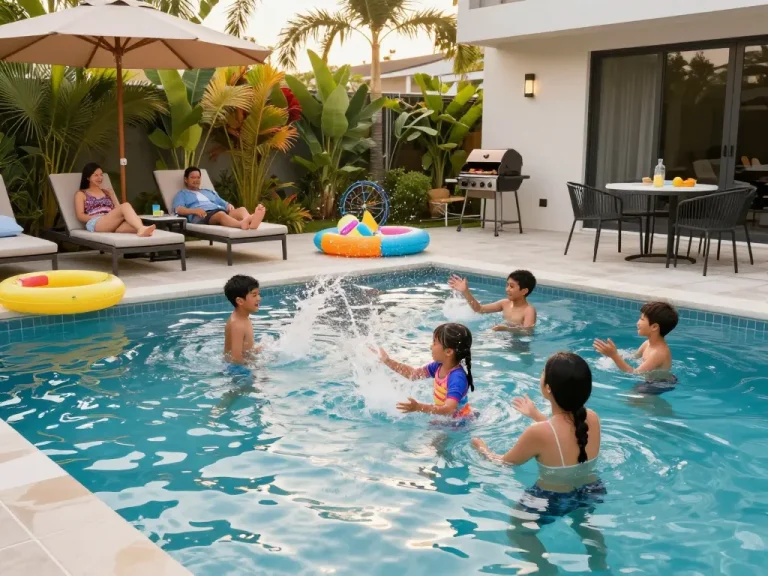 Dolphin Pool Services enhancing family fun by providing a stunning pool setting with children playing and parents relaxing.