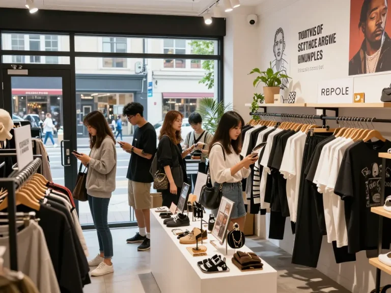 High-quality 레플리카 사이트 shopping experience in trendy urban outlet with diverse customers examining fashion replicas.