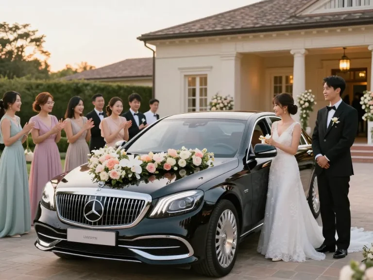 thuê xe cưới Mercedes chuẩn bị cho một buổi lễ cưới trang nhã tại một địa điểm quyến rũ với những đồ trang trí hoa.
