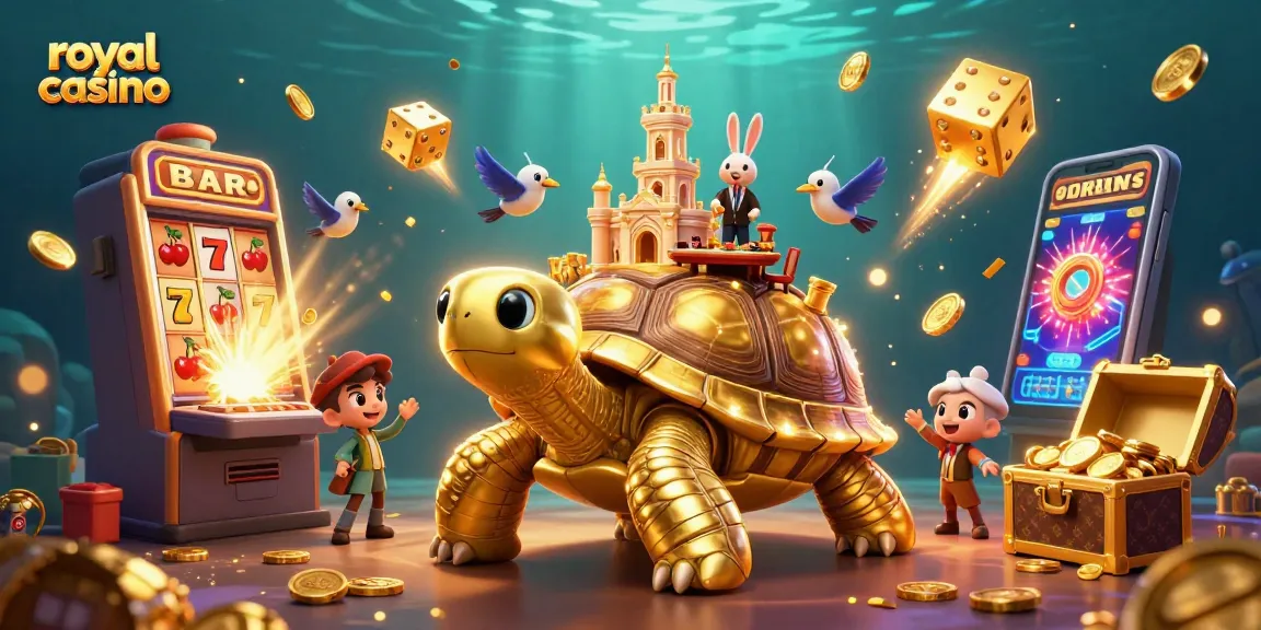 Experience the excitement of royal casino with a vibrant 3D illustration of games, coins, and joyful dealer.