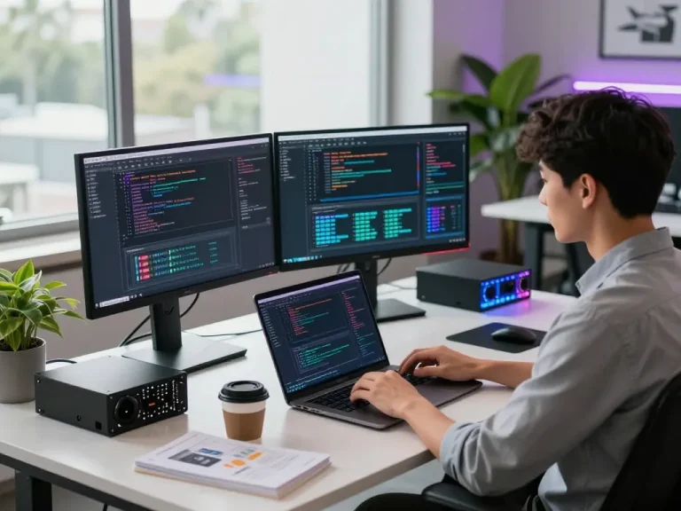 快连 network optimization setup in a high-tech workspace with coding displays and modern equipment.