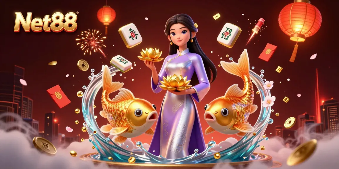 Experience the vibrant world of Net88 with an elegant Asian woman, koi fish, and celebratory casino elements.