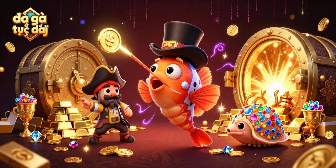 Engage in đá gà trực tiếp action with dynamic visuals of cartoon fish and pirate shrimp among treasures.