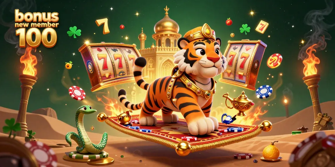Engage with bonus new member 100 in a vibrant 3D illustration packed with lively casino elements and characters.