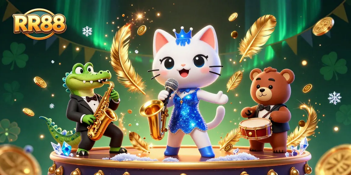 RR88 showcases a dynamic 3D scene of a jazz-singer cat and friends performing amidst vibrant casino elements and gold tokens.