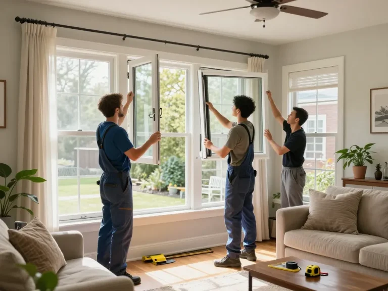 Window replacement Manchester NH scene with technicians installing energy-efficient windows in a cozy living room.