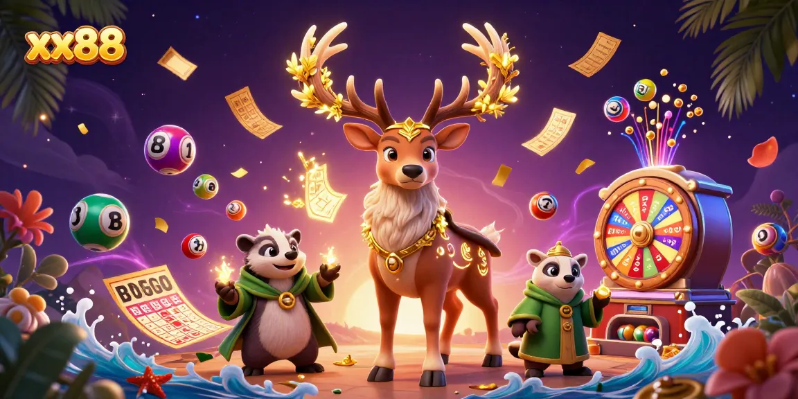 Engage in exciting gameplay at xx88 with a colorful scene of lottery elements and enchanted characters.