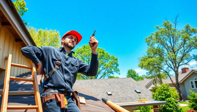 Roofing contractor inspecting a roof in a suburban setting, ensuring quality service.