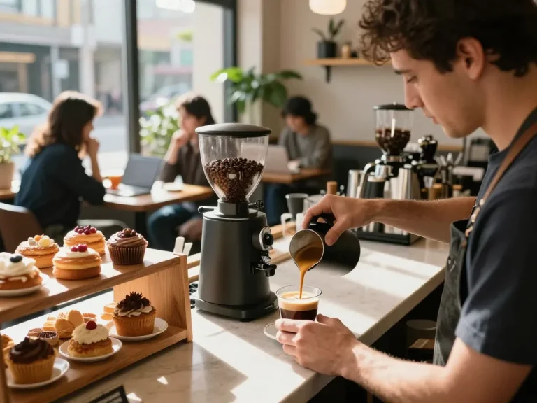 Doppio 2x espresso being prepared in a cozy coffee shop, showcasing rich crema and inviting atmosphere.