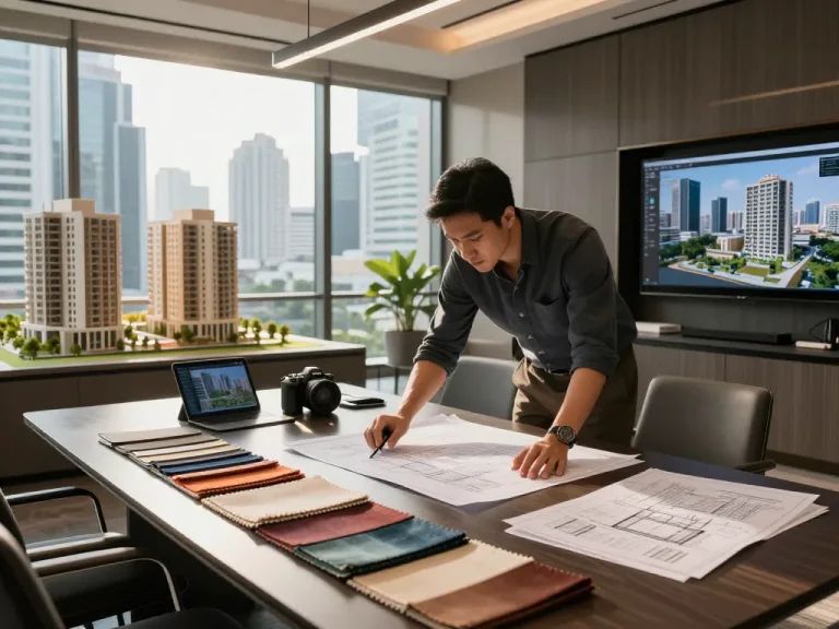 ออกแบบบ้าน กรุงเทพ showcased in a modern architectural studio with vibrant city views and design materials.