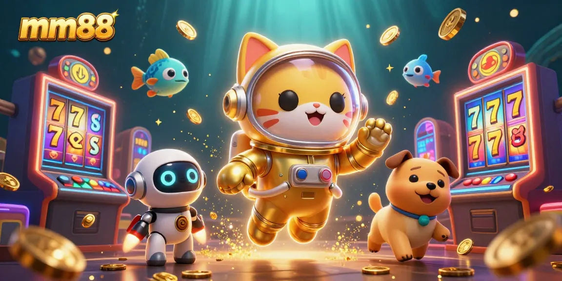 Experience mm88's exciting atmosphere with colorful slot machines and dynamic characters in a vibrant gaming scene.