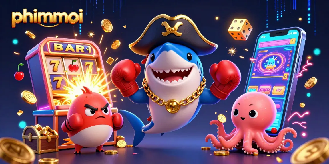 Engage in phimmoi gaming excitement with lively characters, slot machine action, and a treasure-filled backdrop.