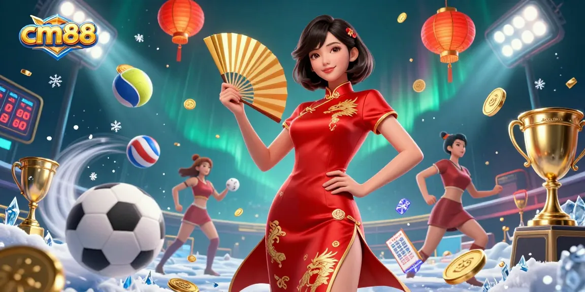 Experience cm88 with vibrant casino elements, golden fan, and sports symbols in a lively 3D scene.