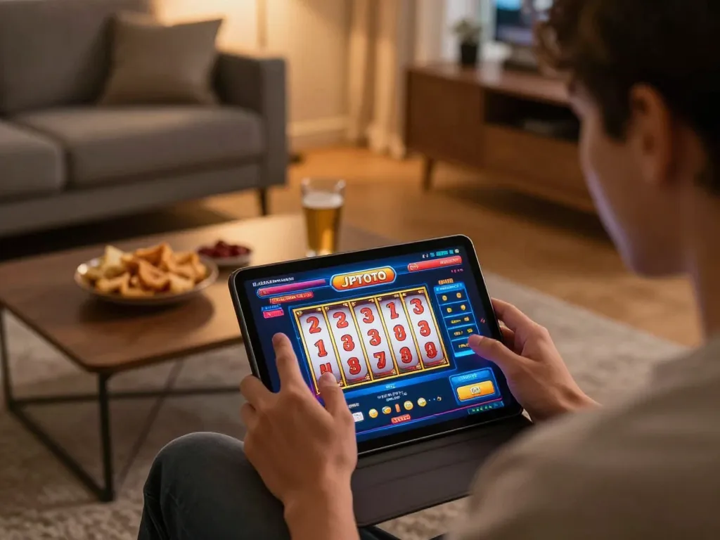 JPTOTO online slot gameplay showing vibrant reels and engaged player in a cozy setting.