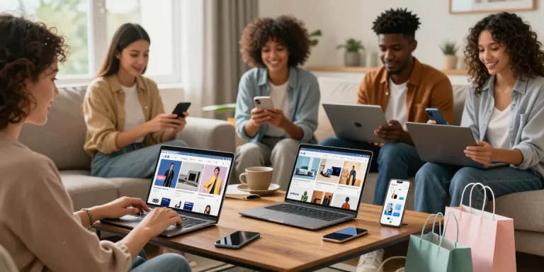 Engaging online shopping scene showcasing diverse consumers interacting with digital products, highlighting the joy of ecommerce.