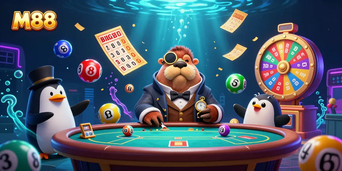 M88 gamblers enjoy poker underwater, featuring a walrus, penguin dealer, and exciting game elements.