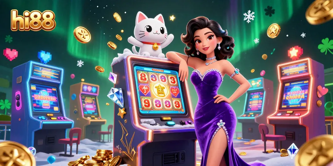 Experience hi88's thrilling jackpot action with a glamorous character and fortune cat amidst exciting gaming elements.