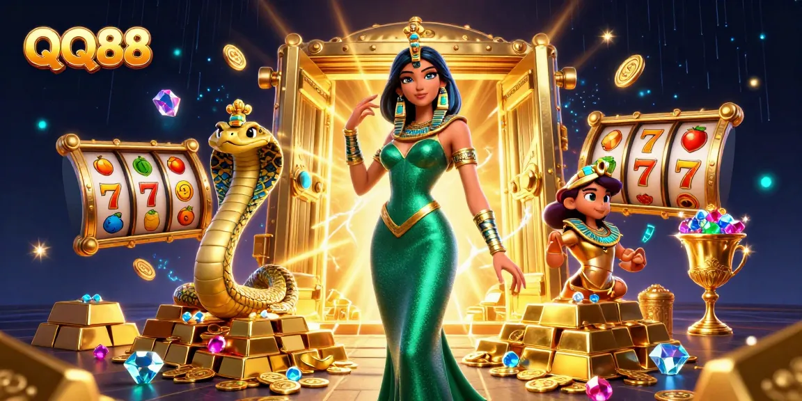 Experience the thrill of QQ88 casino gaming with vibrant treasures and slot symbols.