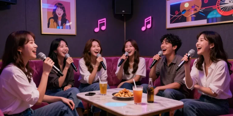 Enjoy a vibrant evening at 강남 엘리트 가라오케 with friends singing and celebrating in a cozy atmosphere.