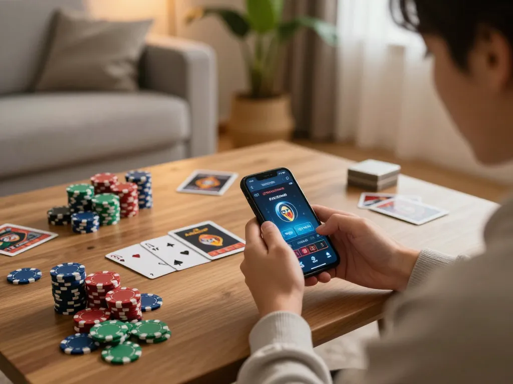 Engaged player using sites not on gamstop on a smartphone with poker chips nearby