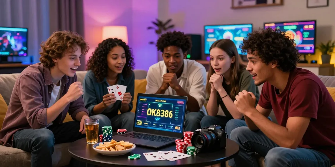 Friends enjoying live betting on the OK8386 platform in a lively gaming environment with colorful lights and snacks.