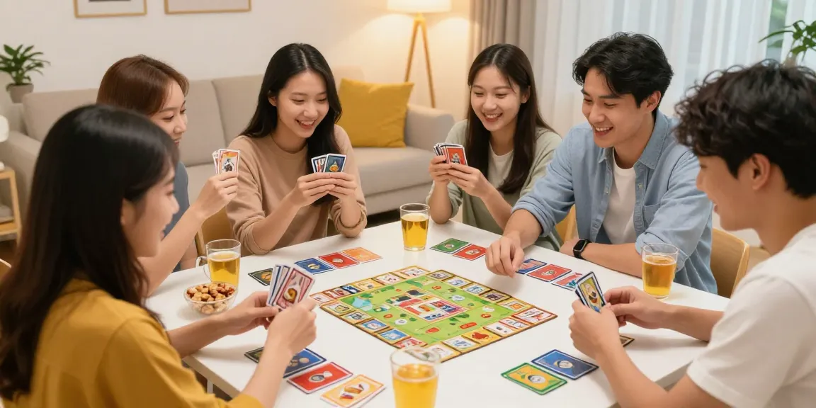 Friends enjoying game bài đổi thưởng in a cozy living room setting with cards and snacks.