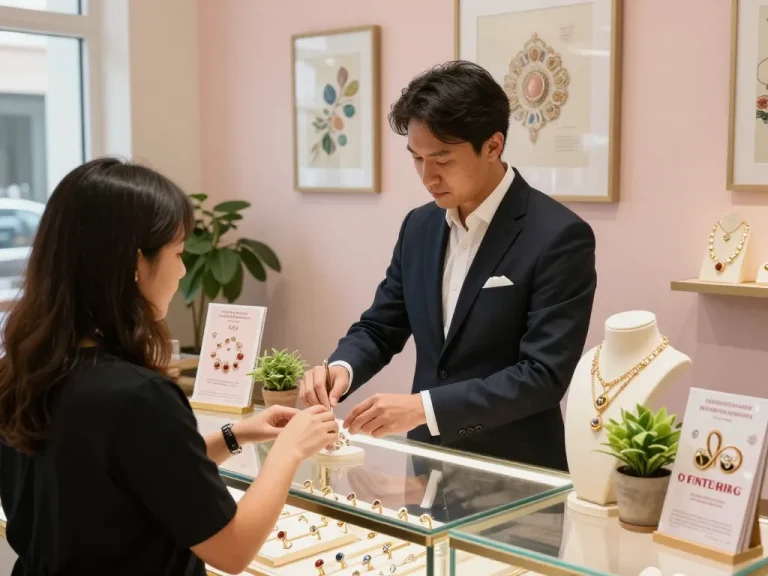Luxury jewelry store scene where a customer is ready to read more here about unique handcrafted pieces.