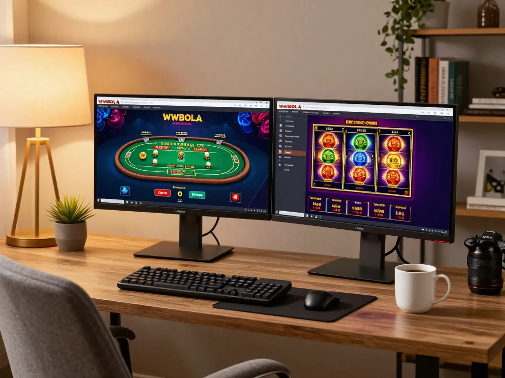 WWBOLA online gaming experience on dual monitors, showcasing casino and slot games in a cozy home environment.