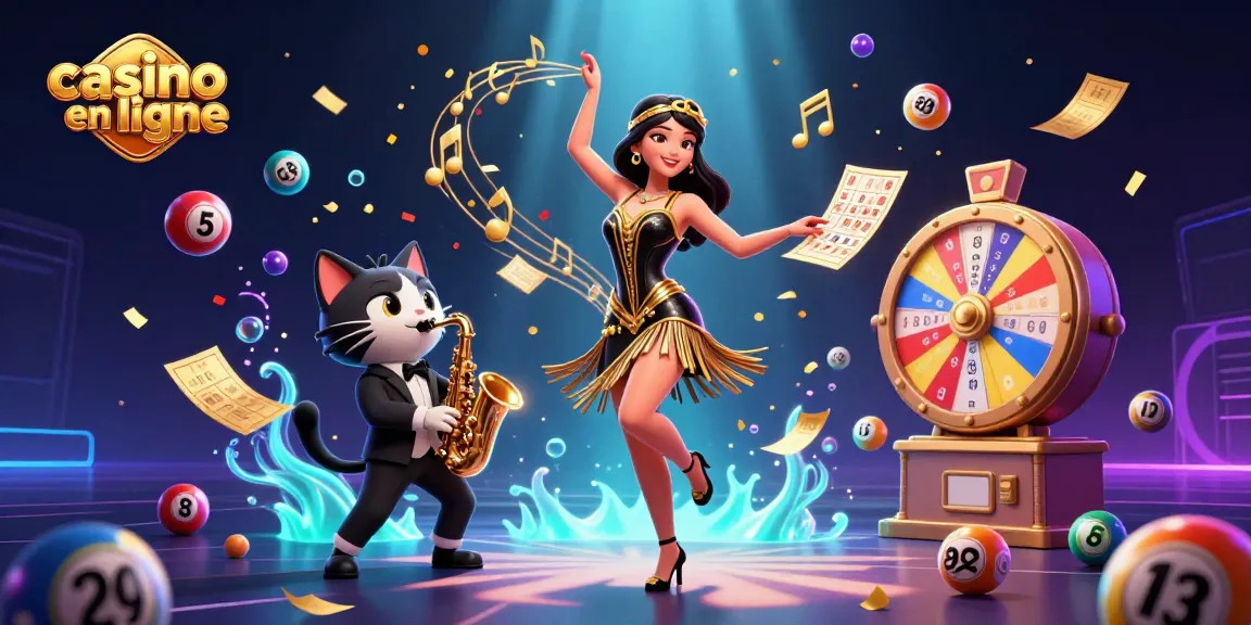 Capture the excitement of casino en ligne with a lively scene featuring a dancing woman in an elegant dress beside a saxophone-playing cat amidst colorful casino elements.