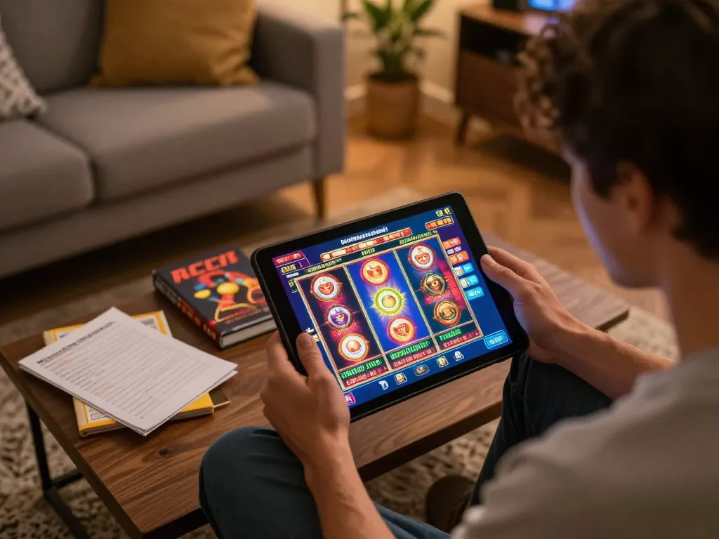 Engaging with colorful slot game on a tablet while balancing gaming notes for responsible entertainment.