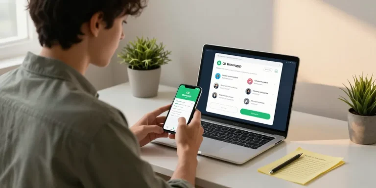 Person downloading gb whatsapp app on a laptop while surrounded by notes about its features.